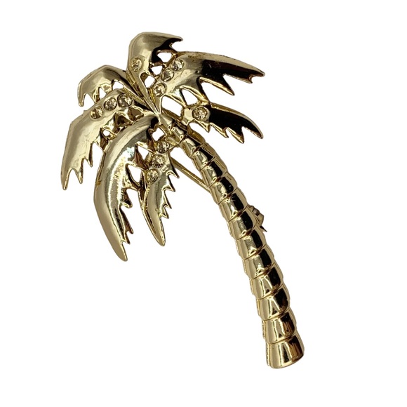 Vintage Jewelry - Vintage gold tone palm tree brooch with rhinestone accents